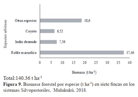 Biomasa forestal por especie (t ha-1) en siente fincas en los sistemas Silvopastoriles, Mulukukú, 2018.