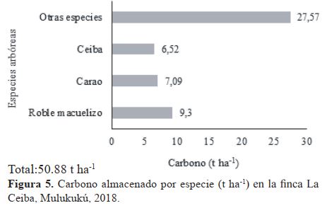 Carbono almacenado por especie (t ha-1) en la finca La Ceiba, Mulukukú, 2018.