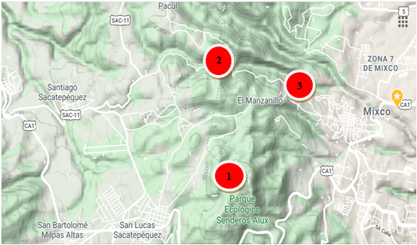 Puntos
de muestreo. Los puntos rojos señalan los bosques donde se efectuaron las
colectas de mariposas diurnas. FUENTE: Google Earth (mapa en relieve)