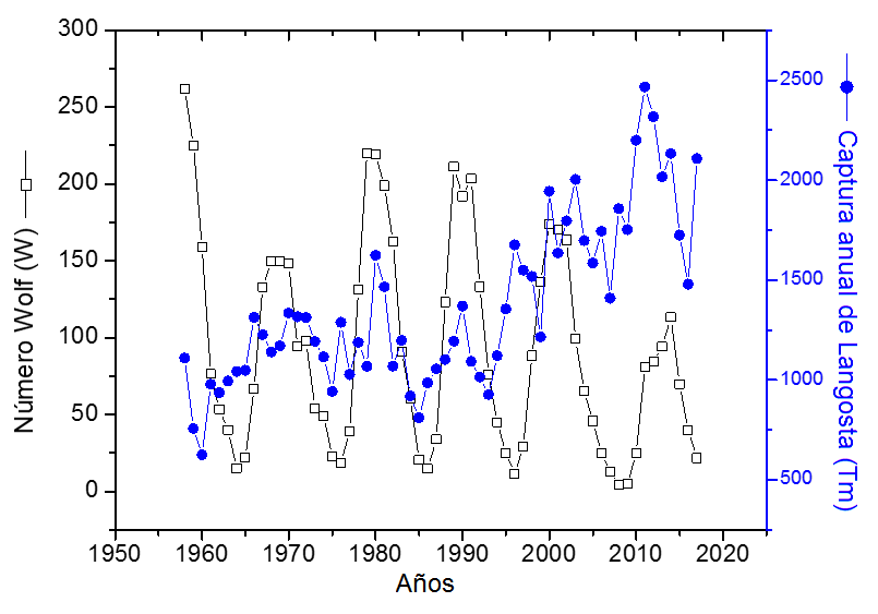 Series
originales de Número de Wolf (W) y Captura de Langosta (CL). Comprende los
ciclos solares desde el 19 (truncado) hasta el 24 (2009 a 2020).