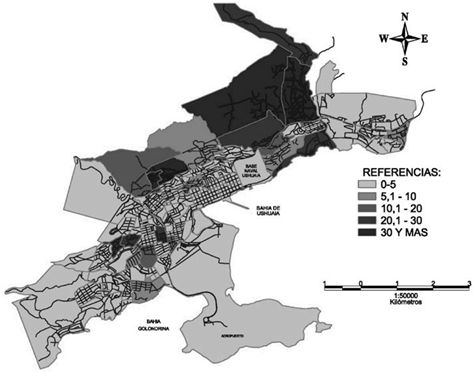 Porcentaje de hogares en
situaciones informales de tenencia de la vivienda por radio censal. Censo de la
Ciudad de Ushuaia, Argentina, 2010.