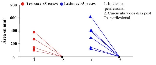 Área de la
lesión de cada paciente antes de iniciar el tratamiento perilesional
con Glucantime® (1) y después de un 
mes de concluido el tratamiento (2) con la cicatrización completa de las
lesiones en todos los casos.