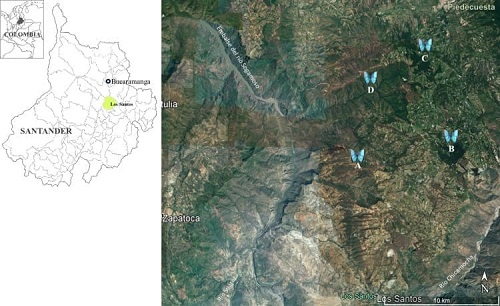 Location of the sampling places in La Honda basin, Mesa de Los Santos, Santander, Colombia.