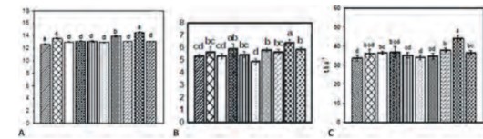 Número de hojas (A) y (B) de tubérculos por planta, y (C) rendimiento estimado en el cultivo de la papa. Los tratamientos siguen el orden de la tabla de materiales y métodos. Letras diferentes indican diferencias significativas entre tratamientos según la prueba de rangos múltiples de Duncan
(p <0,05).
