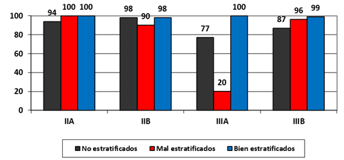 &Iacute;ndice de ubicaci&oacute;n acorde
a la sugerencia del IENAC (en %) seg&uacute;n estratos
y subgrupos conformados a partir de la realizaci&oacute;n y
calidad de la estratificaci&oacute;n.