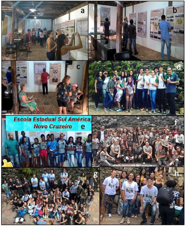 Figura
3. Momentos de visita&ccedil;&atilde;o
&agrave; exposi&ccedil;&atilde;o a, b, c) moradores de Diamantina, turistas; d) estudantes do
Instituto Federal do Norte de Minas Gerais; e, f) Estudantes do Ensino
Fundamental e M&eacute;dio de Novo Cruzeiro e Olhos D&rsquo;&aacute;gua; g) Estudantes da UFMG; h)
Monitores da exposi&ccedil;&atilde;o.