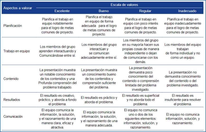 Rúbrica para evaluar las competencias
desarrolladas en los grupos.