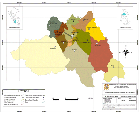 Mapa de distribución geográfica de la  

provincia de Huamanga
y sus 15 Distritos. 

 Imagen satelital Landsat
