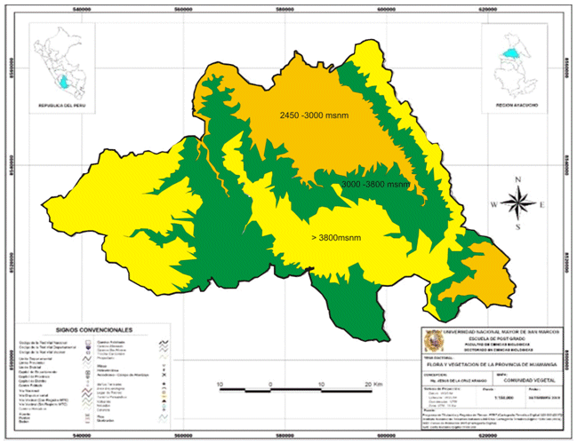 Mapa de distribución geográfica de la  

provincia de Huamanga
y los tres sectores en estudio 

Imagen satelital Landsat