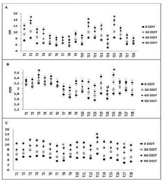 Caracter&iacute;sticas morfol&oacute;gicas de diferentes cultivares de caf&eacute; injertado sobre
Robusta en diferentes momentos de evaluaci&oacute;n. A: Altura de la planta. B:
Di&aacute;metro del tallo. C: N&uacute;mero de hojas. Tukey (p&le;0.05)