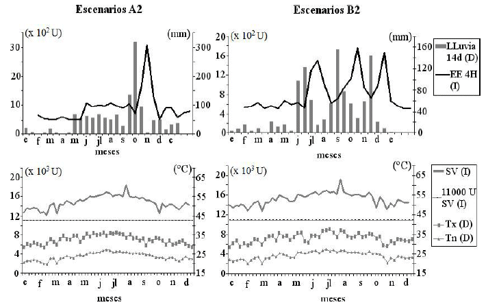 Comportamiento epidemiológico de Sigatoka negra (Mycosphaerella
fijiensis Morelet) bajo efecto del cambio climático en bananos.
Escenarios bioclimáticos para el año 2020 bajo escenarios de emisiones A2
(izquierda) y B2 (derecha)