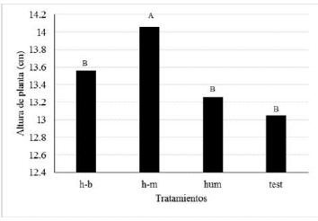 Efecto de los diferentes biofertilizantes
sobre la altura de las plantas de lechuga en hidropon&iacute;a