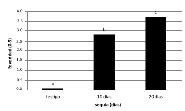 Comparaci&oacute;n de medias de severidad en tres niveles de sequ&iacute;a.
 Las medias con la misma  letra son estad&iacute;sticamente iguales al nivel de Pr<0.05 de probabilidad. El Paso, Cochabamba, 2012.