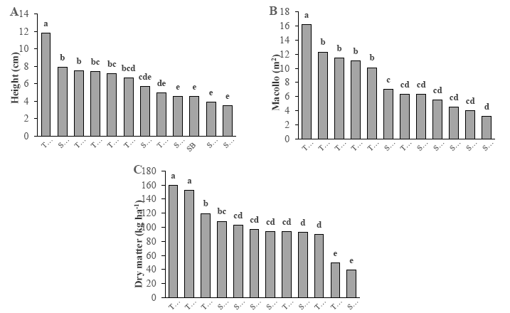 Difference of PH, NM and DM between sowing (SEC
= E. curvula, SFA = F. Arundinacea,  

SBC = B. catharticus, SHM = H. muticum,
SAE = A. elongatum and SB = Bromus sp.) and transplantation  

(TEC = E. curvula, TFA = F. arundinacea,
TBC = B. catharticus, THM = H. muticum, TAE = A. elongatum
and  

TB = Bromus sp.) on four months of development