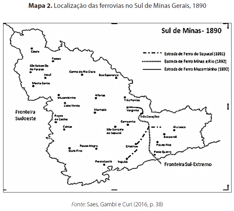 Localização das ferrovias no Sul de Minas Gerais, 1890
