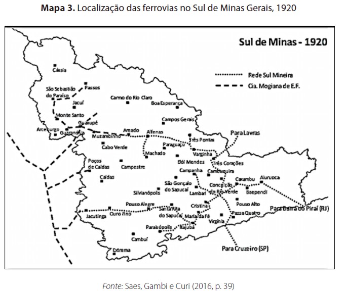 Localização das ferrovias no Sul de Minas Gerais, 1920