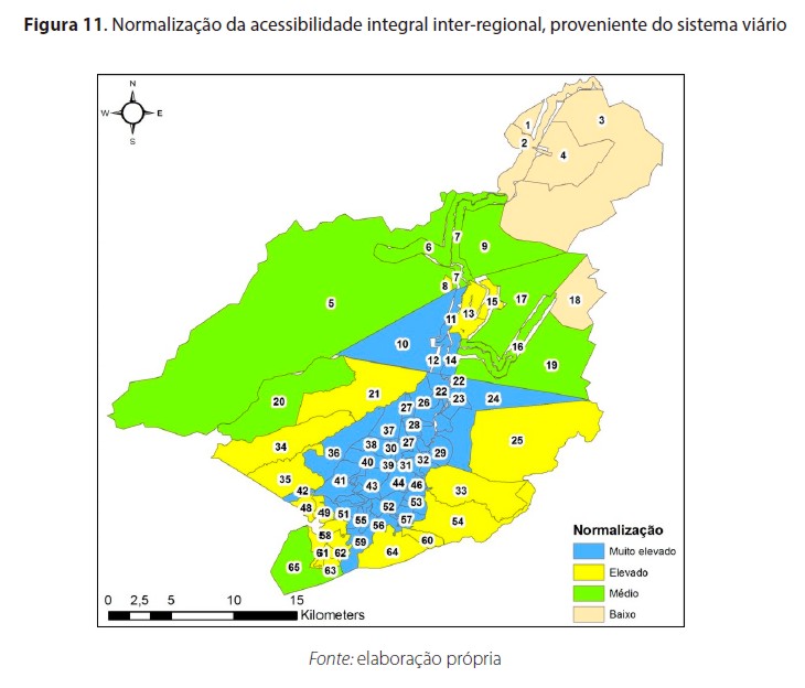 Normalização da acessibilidade integral inter-regional, proveniente do sistema viário