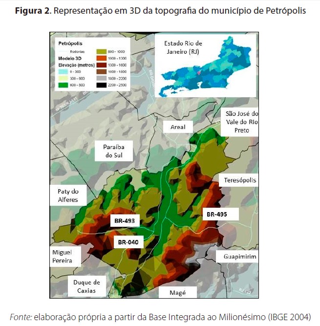 Representação em 3D da topografia do município de Petrópolis