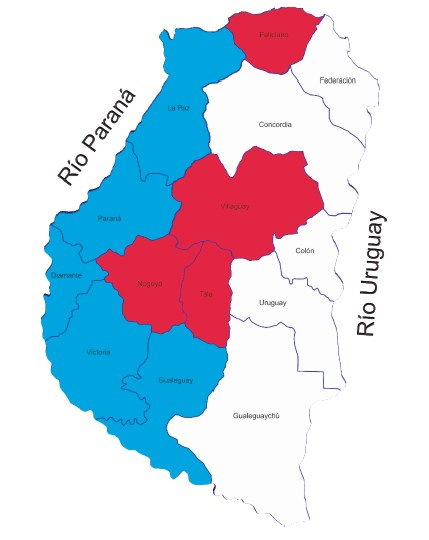 Departamentos de Entre Ríos en 1930, en azul Costa del Paraná, en rojo Departamentos Centrales y en blanco Costa del Uruguay