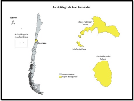Ubicaci&oacute;n del Archipi&eacute;lago de Juan Fern&aacute;ndez respecto a las dimensiones del territorio nacional