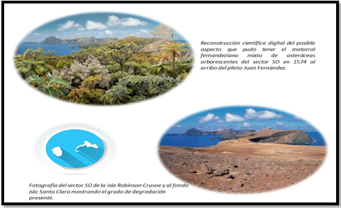 Representaci&oacute;n fotogr&aacute;fica del sector suroeste de la Isla de Robinson Crusoe en el archipi&eacute;lago de Juan Fern&aacute;ndez donde se reconstruye el paisaje de ese sector a la llegada de los exploradores europeos (siglo XVI)