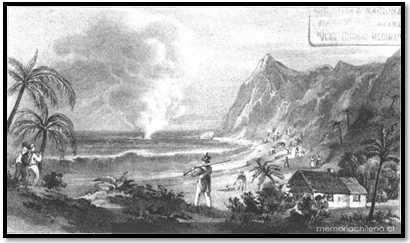 Bah&iacute;a de Cumberland en 1835 se aprecia la fisonom&iacute;a paisaj&iacute;stica de la Isla de Robinson Crusoe y el asentamiento humano de Juan Bautista