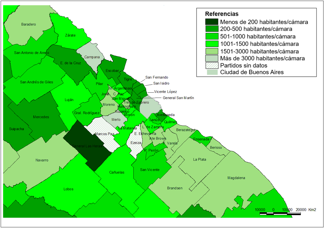 N&uacute;mero de habitantes por
c&aacute;mara en los municipios del Gran Buenos Aires.