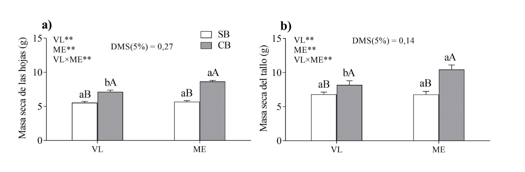 Efecto de los tratamientos en la masa de las hojas
(a) y la masa seca del tallo (b) obtenidos en las plantas de habichuela, en
función de la aplicación o no de los bioproductos.
Medias ± DE; n = 5. 