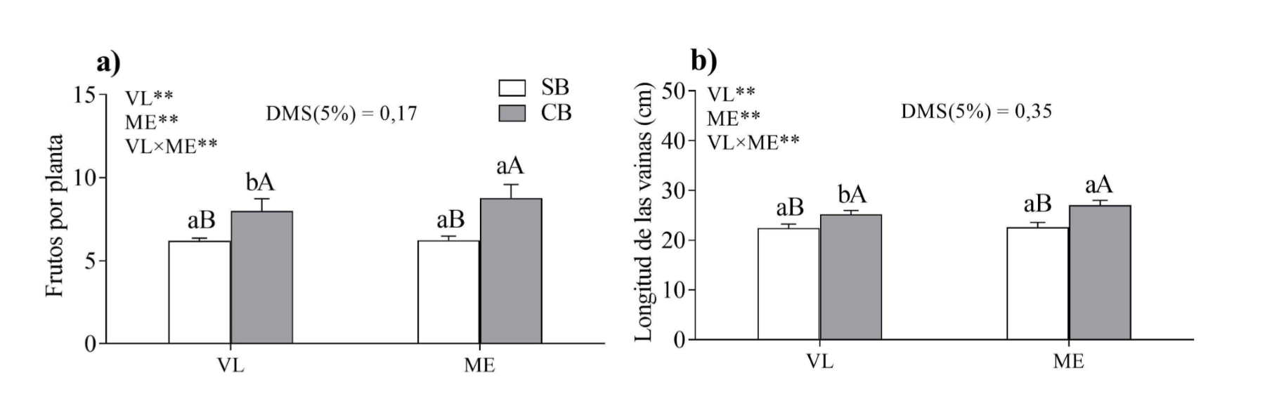 Efecto de los tratamientos en el número de vainas
por planta (a) y la longitud de las vainas (b) obtenidos en las plantas de
habichuela, en función de la aplicación o no de los bioproductos.
Medias ± DE; n = 5). 