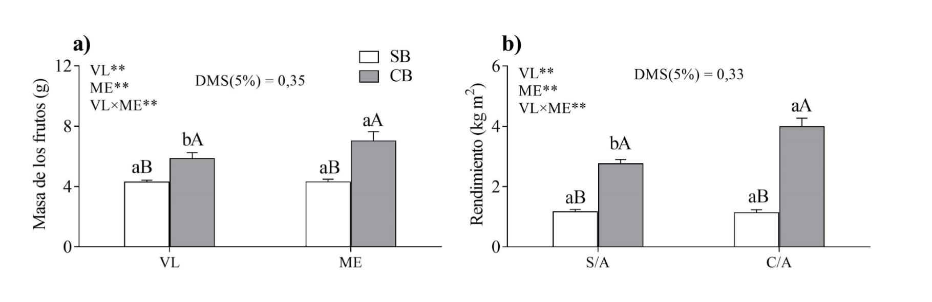 Efecto de los tratamientos en la masa de los frutos
(a) y el rendimiento (b) obtenidos en las plantas de habichuela, en función de
la aplicación o no de los ME y VL. Medias ± DE;
n = 5.