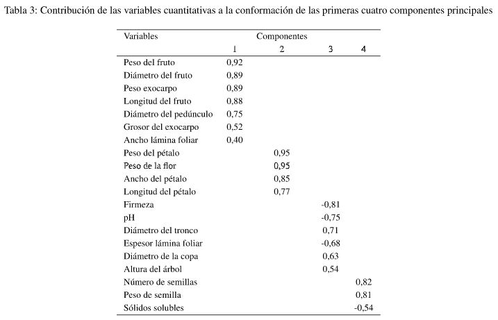 Tabla 3: Contribucion
de las variables cuantitativas a la conformaci6n de las primeras cuatro
componentes principales