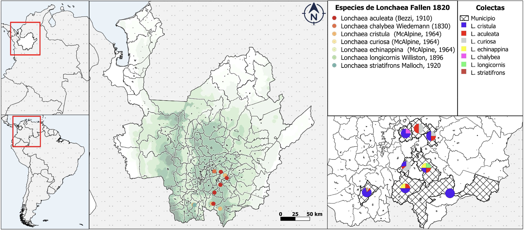 Figura 1: Sitios de muestreo
de especimenes de Lonchaea en Antioquia utilizados en este estudio.
Los detalles de los sitios de    muestreo se dan en la Tabla 1. Fuente: Elaboración propia.
