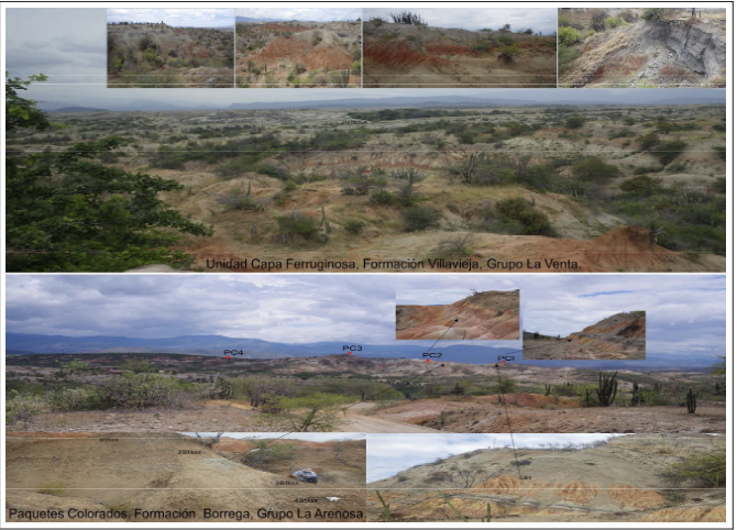 Figura 2: En la parte superior fotografías de la Unidad Arenas Ferruginosas en la Formación Villavieja, Grupo La Venta. En la parte inferior fotografías de la Formación La Borrega, Grupo La Arenosa. En ambas formaciones se observan capas rojas, dentro de ellas, paleosuelos, Tatacoa, Huila, Colombia. Fuente: Elaboración propia.