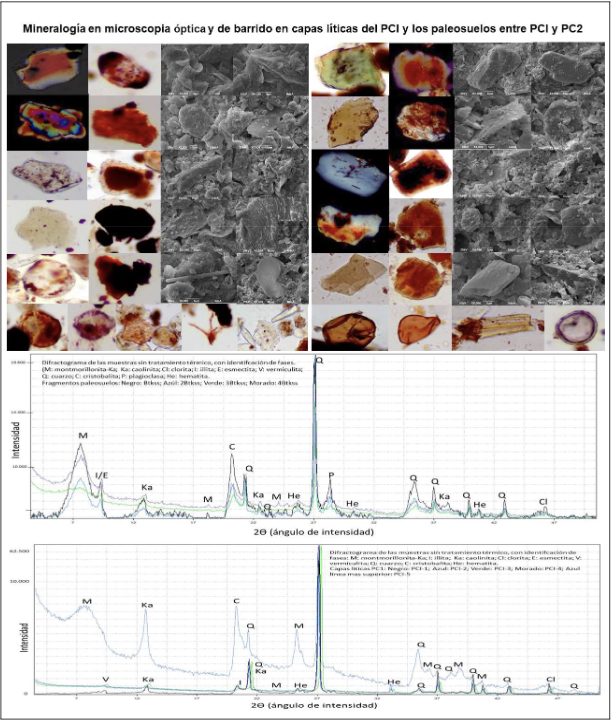 Figura 4: Mineralogía en las capas líticas del PCI (izquierda) y, en paleosuelos localizados entre PCI y PC2 (derecha). Observe en ambos casos, el recubrimiento de óxidos de Fe y Mn en minerales y su estado de alteración. Partículas orgánicas y diatomeas en capas líticas, mientras que en los paleosuelos polen y esporas de color ocre. Abajo los diagramas de DRX, el superior corresponde a los paleosuelos y el inferior a las capas líticas, La Borrega Tatacoa, Huila, Colombia. Fuente: Elaboración propia.