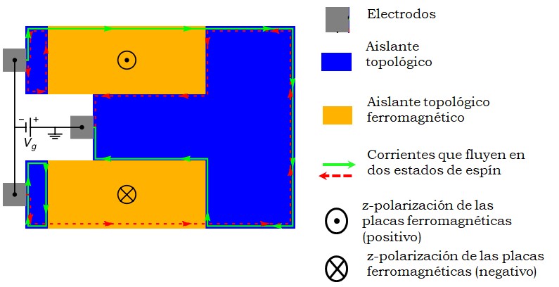 El generador de espín consiste en dos electrodos metálicos de inyección y otro
de extracción unidos por una hoja de aislante topológico con un voltaje
aplicado Vg.