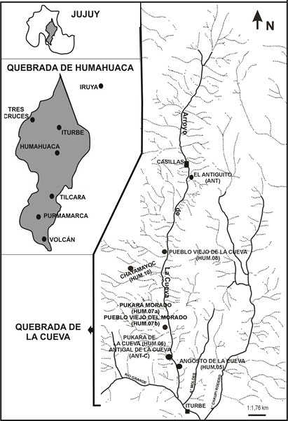  Mapa de la quebrada de La Cueva y sus sitios
arqueol&oacute;gicos