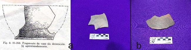 a. Ilustraci&oacute;n de pieza N&deg; 31-260 de Casanova (1933),
junto a la misma pieza donde se observa la decoraci&oacute;n; b. Pieza N&deg; 31-261, Museo
Etnogr&aacute;fico &ldquo;Juan B. Ambrosetti&rdquo;, Facultad de Filosof&iacute;a y Letras, Universidad
de Buenos Aires, Argentina