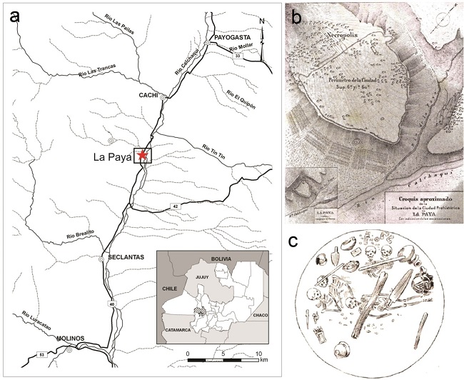 a. Mapa del valle Calchaquí con localización de La Paya, b. Croquis de La Paya con indicación de
las excavaciones realizado por Ambrosetti, tomado de Ambrosetti (1907), c. Croquis de la tumba 131 de La Paya,
tomado de Ambrosetti (1907)