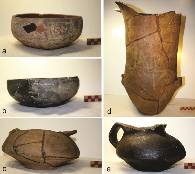 Vasijas de La Paya de la colección del Museo de
Antropología y Etnografía “Pedro El Grande” (Kunstkamera), Academia Rusa de
Ciencias, Colección Nº 1481 y 6741. a.
Escudilla santamariana (N° 1481-28), b.
Escudilla negro pulido (1481-21), c.
Vaso libatorio santamariano (6741-23), d.
Urna santamariana (1481-71), e.
Ollita asimétrica ordinaria (1481-3).