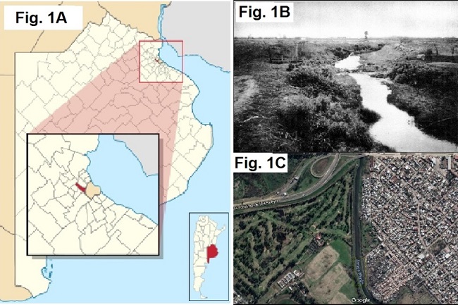 Ubicación del área de estudio (A). Fotografía
del arroyo Morón antes de la rectificación (B). Fuente: Municipio de Morón.
Imagen satelital de un tramo del arroyo Morón en la actualidad (C) (Google
Maps)