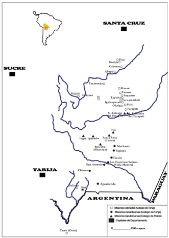 Ubicación de las misiones de los Colegios franciscanos de Tarija y
Potosí (Adaptación del mapa de Manuel Gómez, Centro Eclesial de Documentación,
Tarija. Realización Santos Frías)