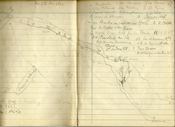 Croquis de la zona
recorrida por Fock en 1958, del Libro III pag.16-17