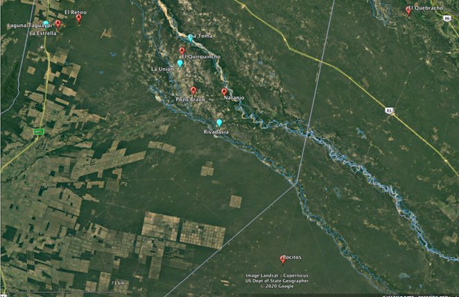 Mapa general de la zona descripta por Fock, de los principales sitios
publicados por él (Fock, 1961, 1962); se le suma El Quebracho en comparación
(Lamenza et al., 2014); [en rojo, sitio arqueológico] – [en azul, pueblo
o ciudad]