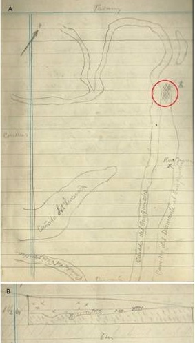 A. Plano de las cañadas secas recorrido por Fock y el
    sitio Quirquincho marcado en círculo rojo; b. plano de excavación,
    del Libro III pag.19-21