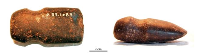 Objeto O.33.1083 hallado
por Niels Fock posiblemente en Río Cayapary, Salta, de 8 x 4 cm y 2,8 cm de
grosor y 141 gr de peso