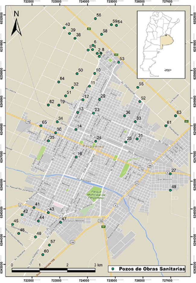 Mapa de ubicación de los pozos de monitoreo
del agua potable de la ciudad de Pergamino analizados