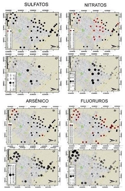 a) Mapas de ubicación de pozos con
concentraciones por debajo y por encima de los límites establecidos por las
normas. b) Mapas de concentraciones
con símbolos graduados