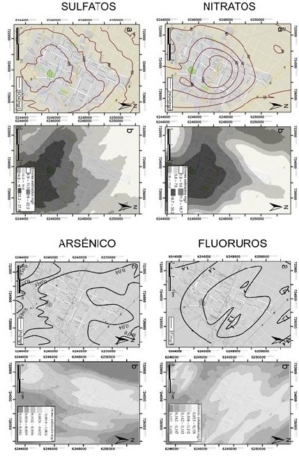 a) Mapas de isoconcentraciones estimados por kriging ordinario, b) Mapas de errores de estimación