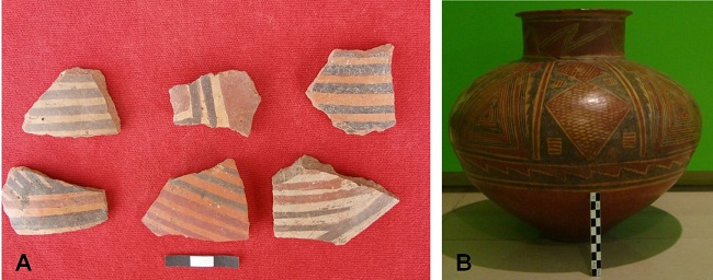 Cerámica Averías. A.
Fragmentos procedentes del sitio Sequía
Vieja y B. Vasija perteneciente al
Museo “Emilio y Duncan Wagner” de Santiago del Estero, expuesta en el Centro
Cultural del Bicentenario.