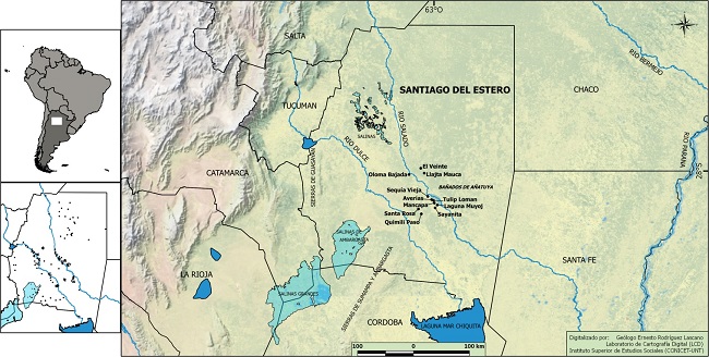 Ubicación de elementos fisiográficos y sitios arqueológicos
mencionados en el texto. A la izquierda abajo: mapa de la provincia de Santiago
del Estero con distribución aproximada
de sitios conocidos (puntos negros) en la región en base a la bibliografía.
Mapa realizado por Ernesto Rodríguez Lascano.